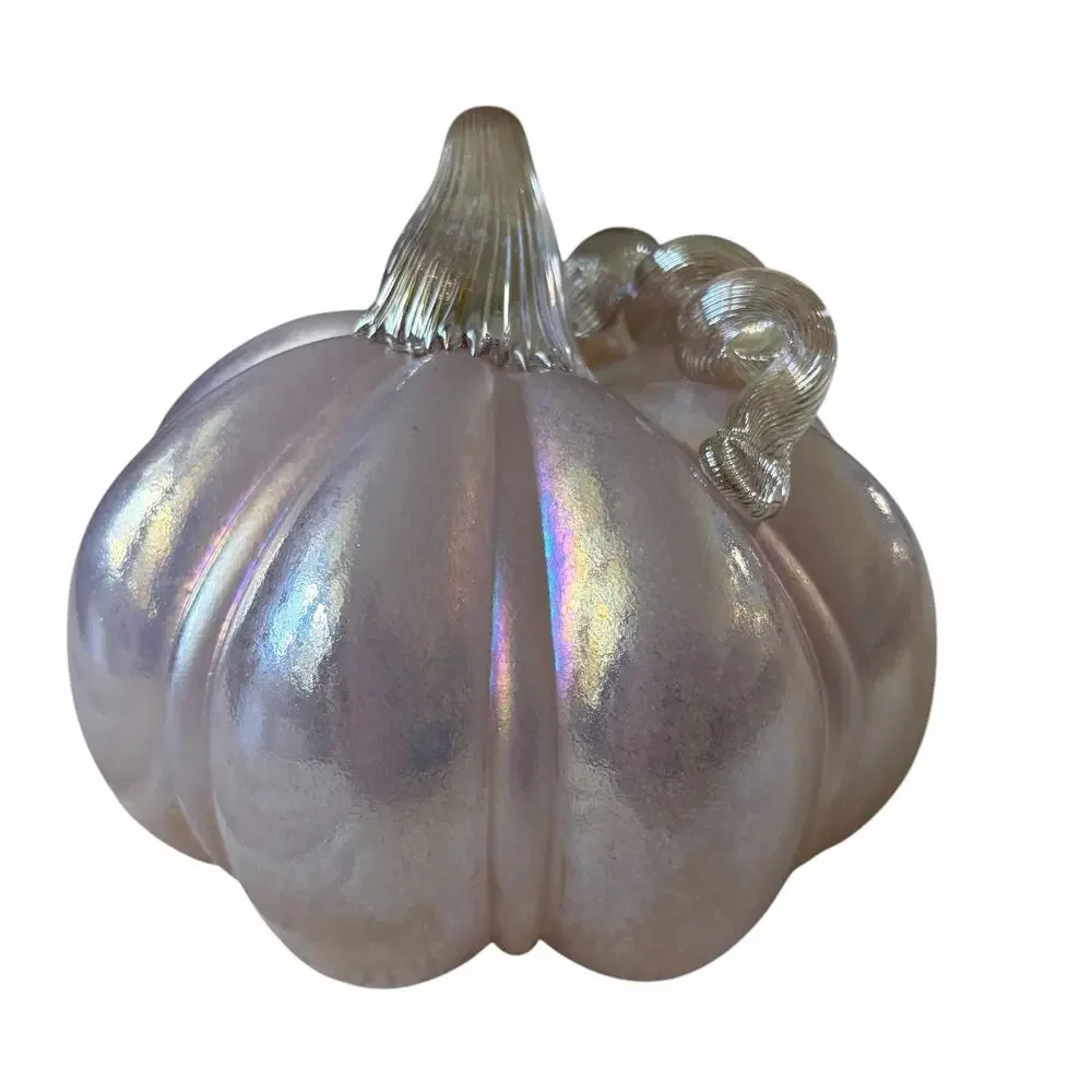 Hand Blown Art Glass Pumpkin 6in Iridescent Pink Chic Fall Designer Decor NEW